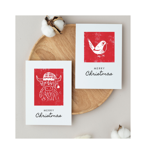 Red Robin/ Highland Coo Christmas Cards - Mixed pack of 10